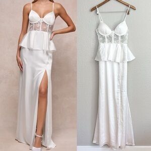 Iconic Adoration White Satin Peplum Sheer Bustier Maxi Dress
